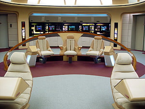 Star Trek Enterprise Bridge Interior with Command Chairs and Control Panels HD wallpaper