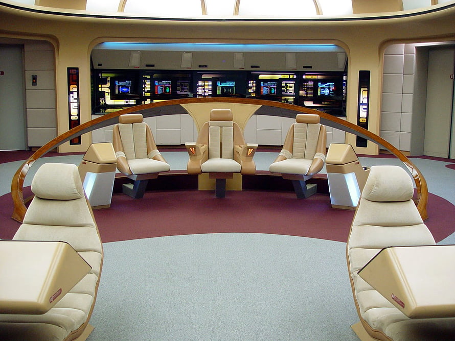 Star Trek Enterprise Bridge Interior with Command Chairs and Control Panels HD wallpaper