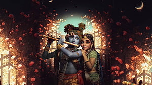 Lord Krishna and Radha Playing Flute in a Moonlit Garden with Falling Petals HD wallpaper