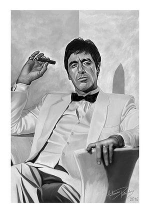 Tony Montana in White Suit Holding Cigar from Scarface Movie Digital Artwork HD phone wallpaper