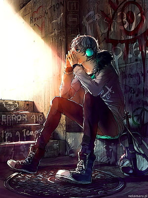 Anime Boy With Headphones And Violin In Graffiti Alley HD phone wallpaper
