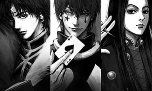 Hunter x Hunter Character Trio Featuring Hisoka and Zoldyck Family Members in Black and White HD wallpaper