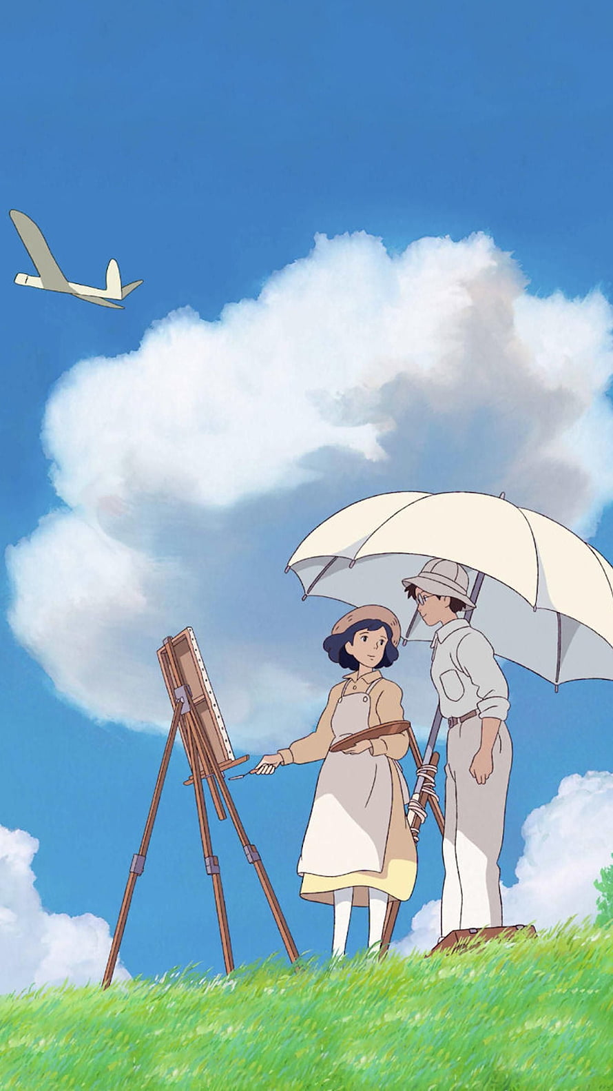 The Wind Rises Anime Scene: Woman Painting on a Grass Hill Under a Blue Sky with a Vintage Airplane HD phone wallpaper