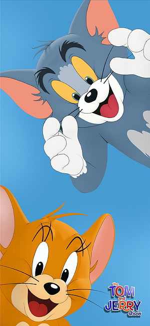 Tom and Jerry Cartoon Characters Playful Blue Background Illustration HD phone wallpaper