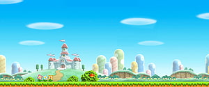 New Super Mario Bros Wii Castle Level Background with Pastel Mushroom Hills and Blue Sky HD wallpaper