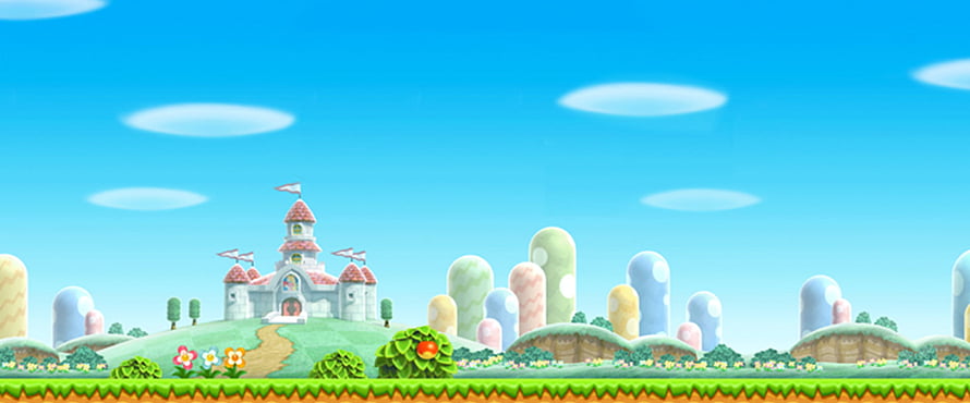 New Super Mario Bros Wii Castle Level Background with Pastel Mushroom Hills and Blue Sky HD wallpaper