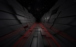 Dark 3D Corridor with Red Glowing Floor and Starry Sky Ceiling HD wallpaper