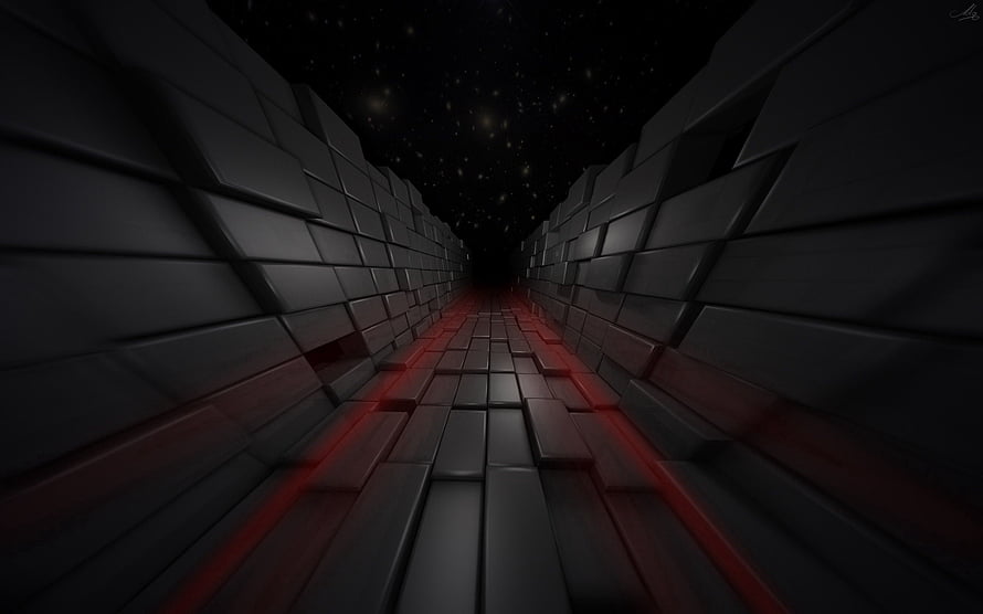 Dark 3D Corridor with Red Glowing Floor and Starry Sky Ceiling HD wallpaper