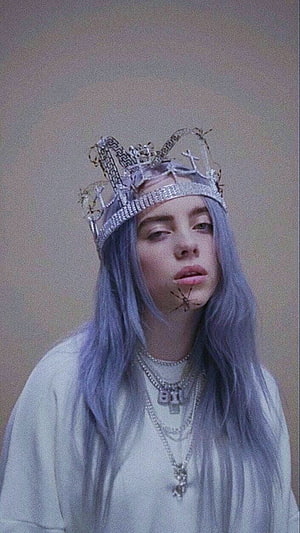 Billie Eilish Portrait Wearing Ornate Silver Crown and Layered Necklaces HD phone wallpaper