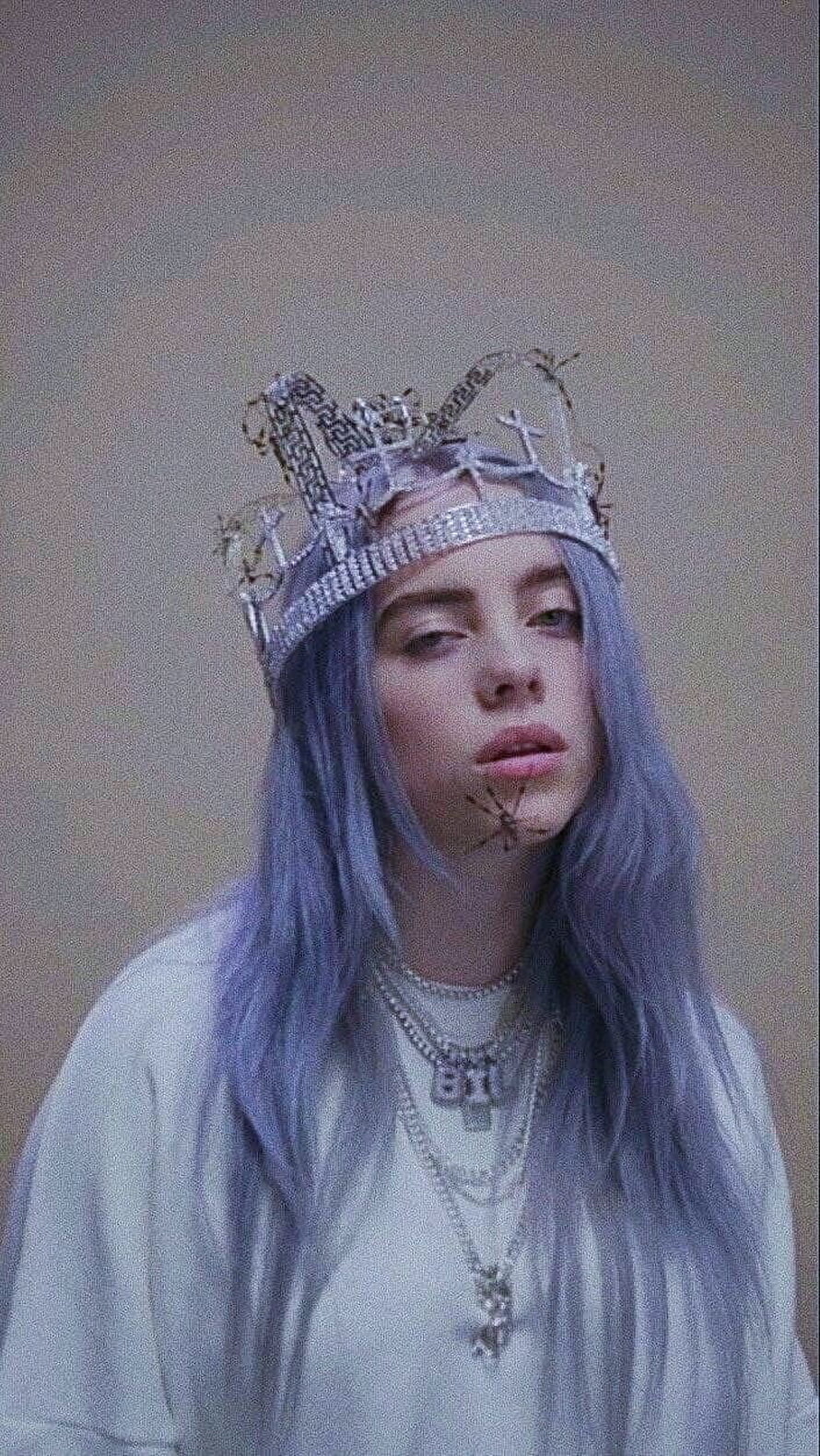 Billie Eilish Portrait Wearing Ornate Silver Crown and Layered Necklaces HD phone wallpaper