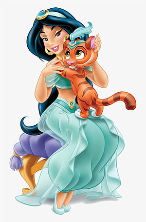 Disney Princess Jasmine Holding Rajah the Tiger in Mint Green Attire HD phone wallpaper