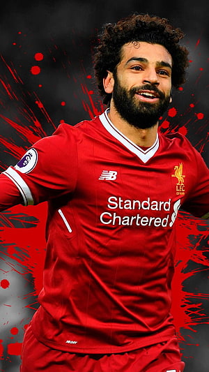 Mohamed Salah in Liverpool FC Home Kit with Red Paint Splash Background HD phone wallpaper