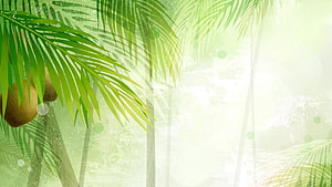 Tropical Coconut Palm Fronds and Coconuts on a Soft Green Watercolor Background HD wallpaper