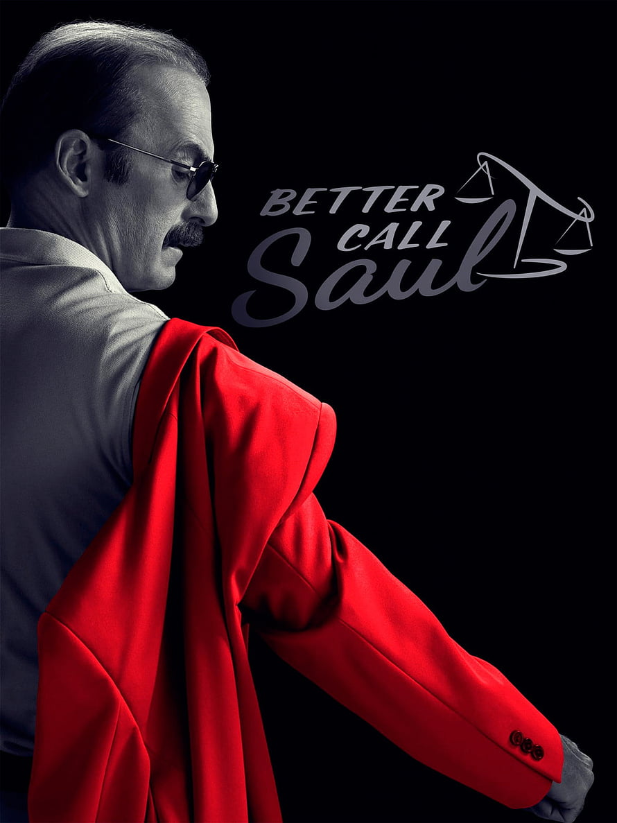 Better Call Saul promotional poster featuring a man in a red suit and sunglasses against a black background HD phone wallpaper