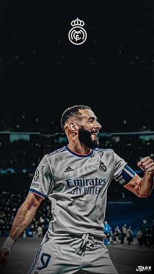 Karim Benzema in Real Madrid Away Kit Celebrating on the Pitch HD phone wallpaper