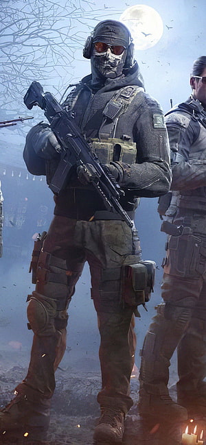 Call of Duty Ghosts Soldier in Tactical Gear with Rifle Under Full Moon HD phone wallpaper
