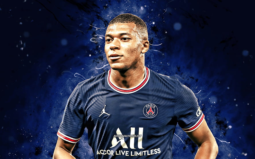 Kylian Mbappe in Paris Saint-Germain Home Kit with Dramatic Blue Background HD wallpaper