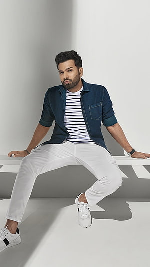 Rohit Sharma in Denim Shirt and White Trousers Studio Portrait HD phone wallpaper