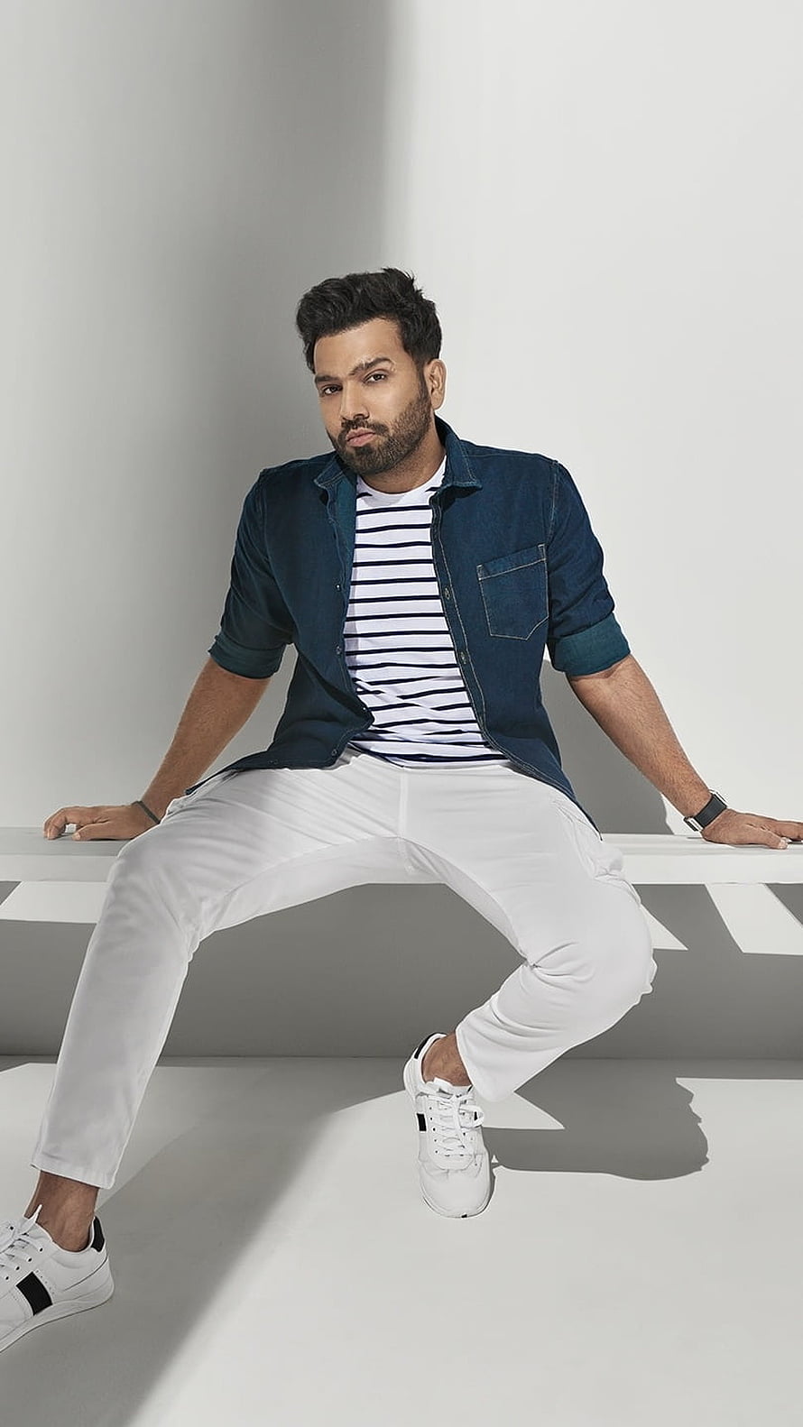 Rohit Sharma in Denim Shirt and White Trousers Studio Portrait HD phone wallpaper