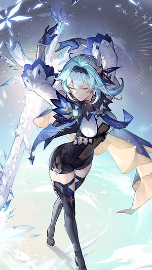 Eula Lawrence from Genshin Impact in an elegant ice-themed pose with crystalline effects and flowing blue hair HD phone wallpaper