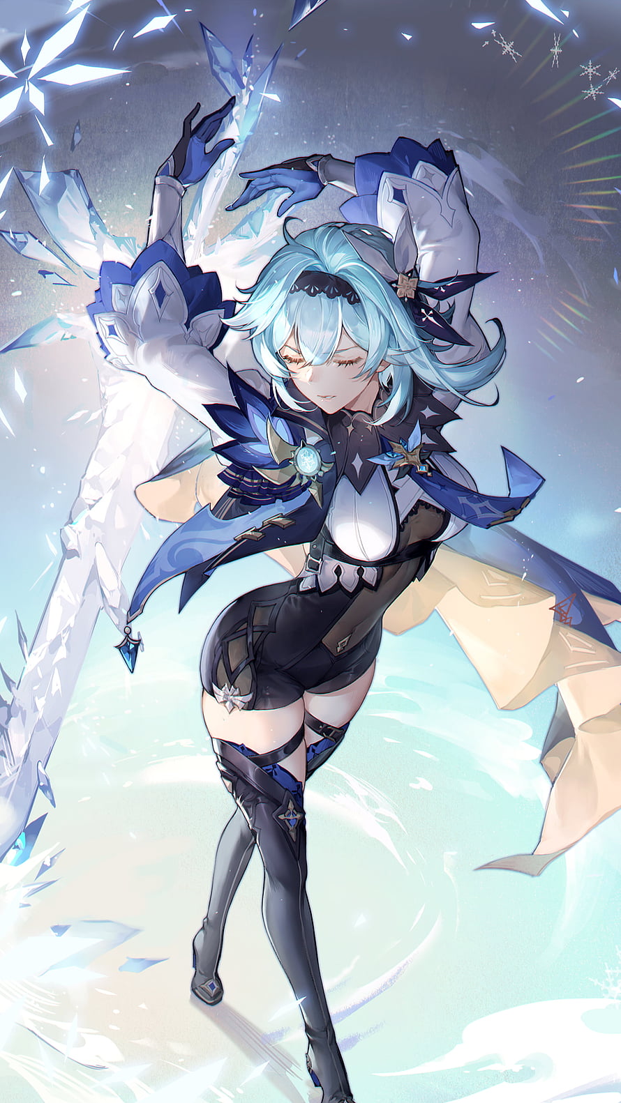 Eula Lawrence from Genshin Impact in an elegant ice-themed pose with crystalline effects and flowing blue hair HD phone wallpaper
