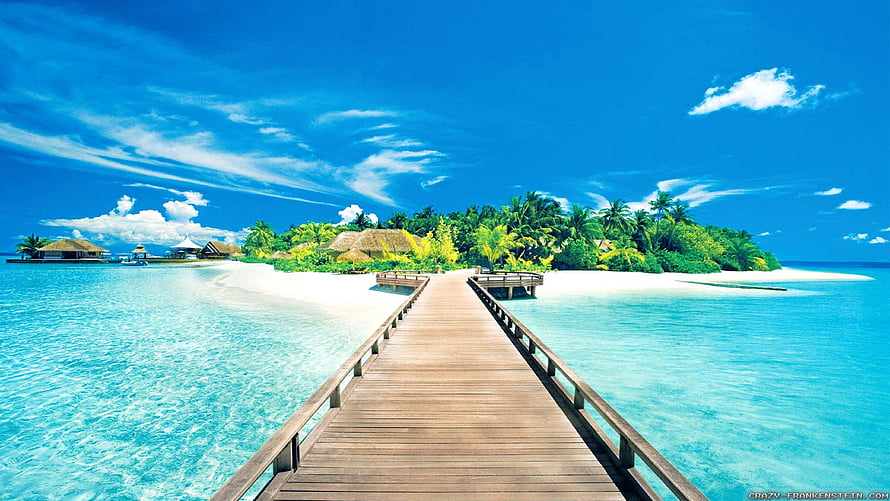 Tropical Island Resort With Wooden Boardwalk And Overwater Bungalows HD wallpaper