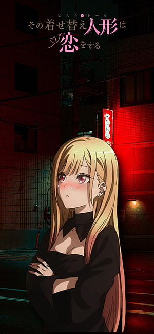 Marin Kitagawa Anime Character in Black Dress on Neon-Lit Night Street HD phone wallpaper