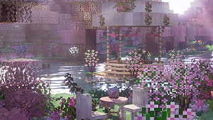 Minecraft Spring Garden with Pink Flowers, Water Pond, and Wooden Gazebo HD wallpaper