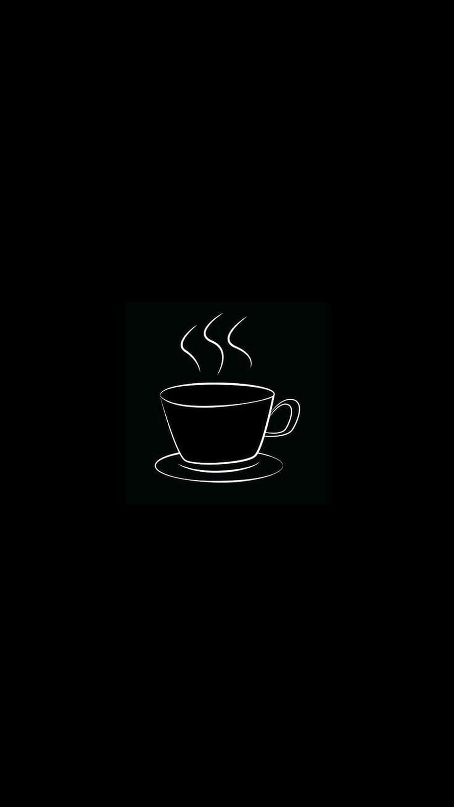 Minimalist White Line Art of a Steaming Coffee Cup on Black Background HD phone wallpaper