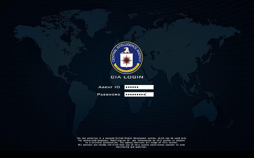 CIA Login Screen with World Map Background and Secure Access Interface HD wallpaper