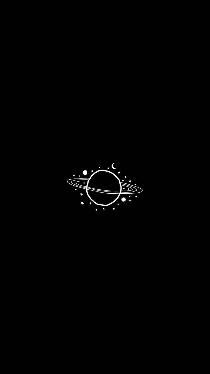 Minimalist White Line Art of a Ringed Planet and Stars on a Black Background HD phone wallpaper