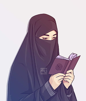 Digital illustration of a woman in a dark niqab reading a book with a serene expression, Wow 30 Gambar Kartun Berhijab Cadar - Kumpulan Kartun . Hijab cartoon, Hijab drawing, Islamic cartoon HD phone wallpaper