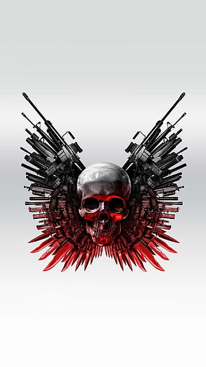 Metallic Skull with Glowing Red Eyes Surrounded by Firearms and Knives HD phone wallpaper
