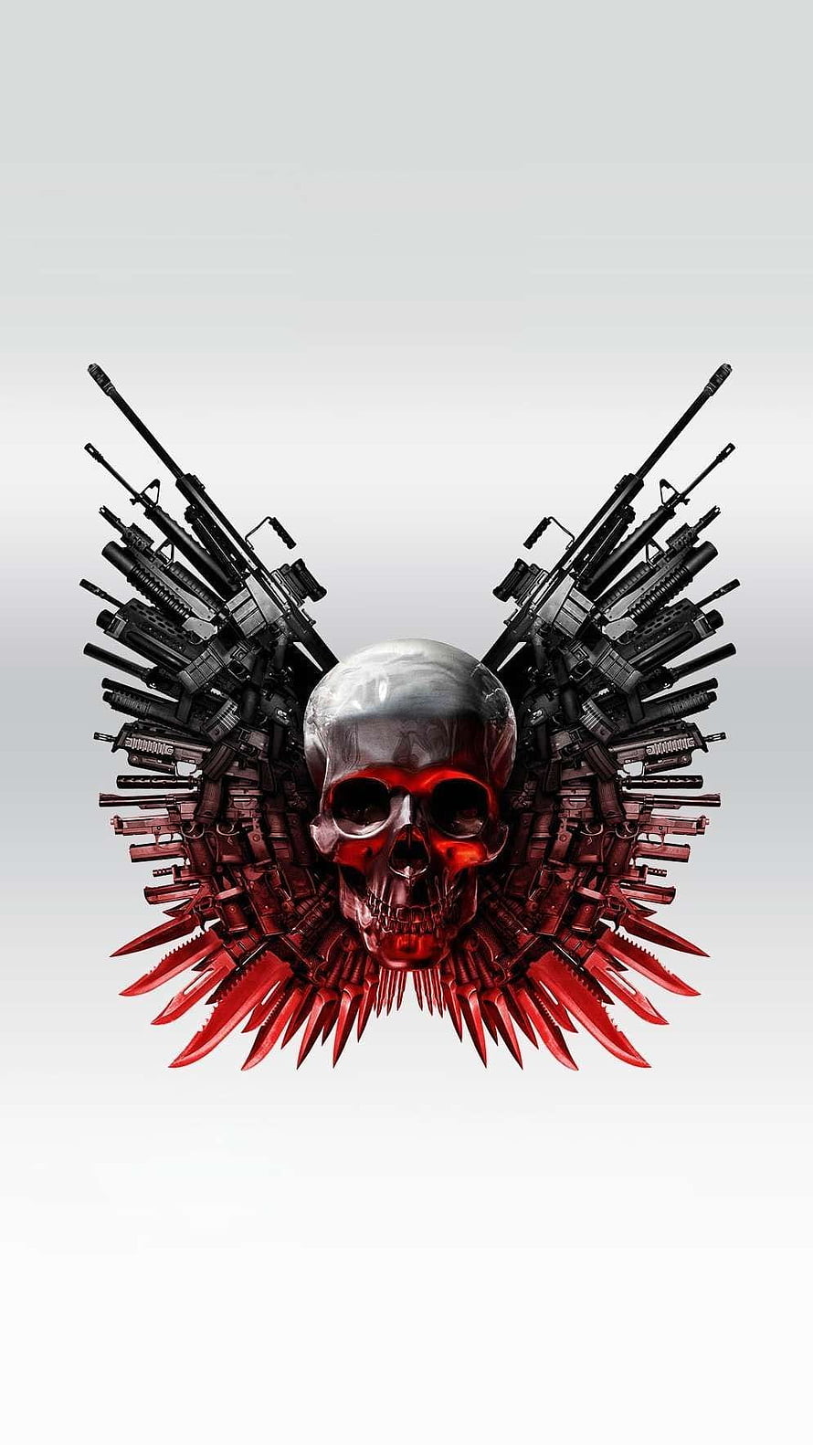 Metallic Skull with Glowing Red Eyes Surrounded by Firearms and Knives HD phone wallpaper