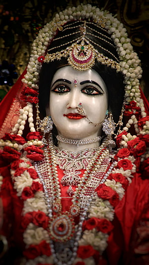 Ornate Radha Rani Murti Adorned in Red Saree, Floral Garland, and Traditional Temple Jewelry HD phone wallpaper