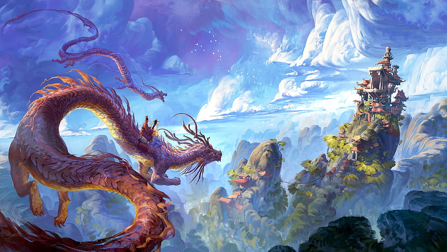 Majestic Chinese Dragon Soaring Above Misty Mountain Temples in Fantasy Art HD wallpaper