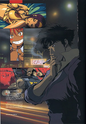 Cowboy Bebop Anime Artwork Featuring Spike Spiegel Smoking in a Neon City HD phone wallpaper