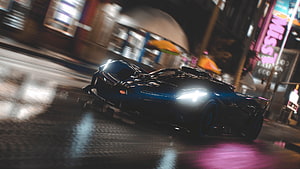Bugatti Bolide Racing Through Neon-Lit City Streets at Night HD wallpaper