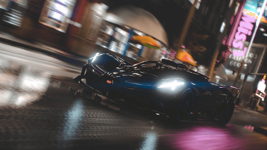 Bugatti Bolide Racing Through Neon-Lit City Streets at Night HD wallpaper
