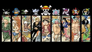 One Piece Straw Hat Pirates Crew Members and Jolly Roger Logos HD wallpaper