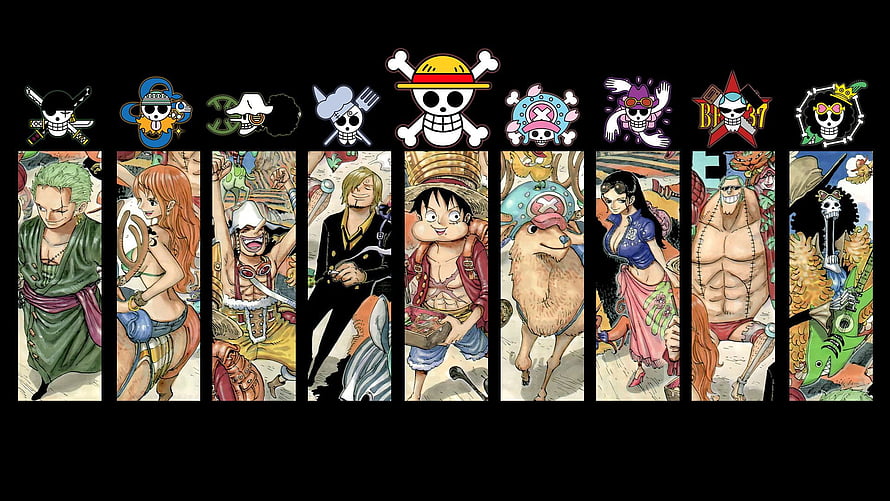 One Piece Straw Hat Pirates Crew Members and Jolly Roger Logos HD wallpaper