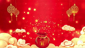 Chinese New Year Celebration With Gold Coins, Lucky Bag, and Traditional Clouds HD wallpaper