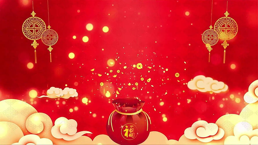Chinese New Year Celebration With Gold Coins, Lucky Bag, and Traditional Clouds HD wallpaper