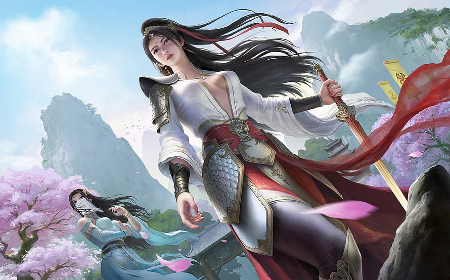 Elegant Warrior Woman in White and Red Armor Holding Sword Amidst Cherry Blossoms HD wallpaper