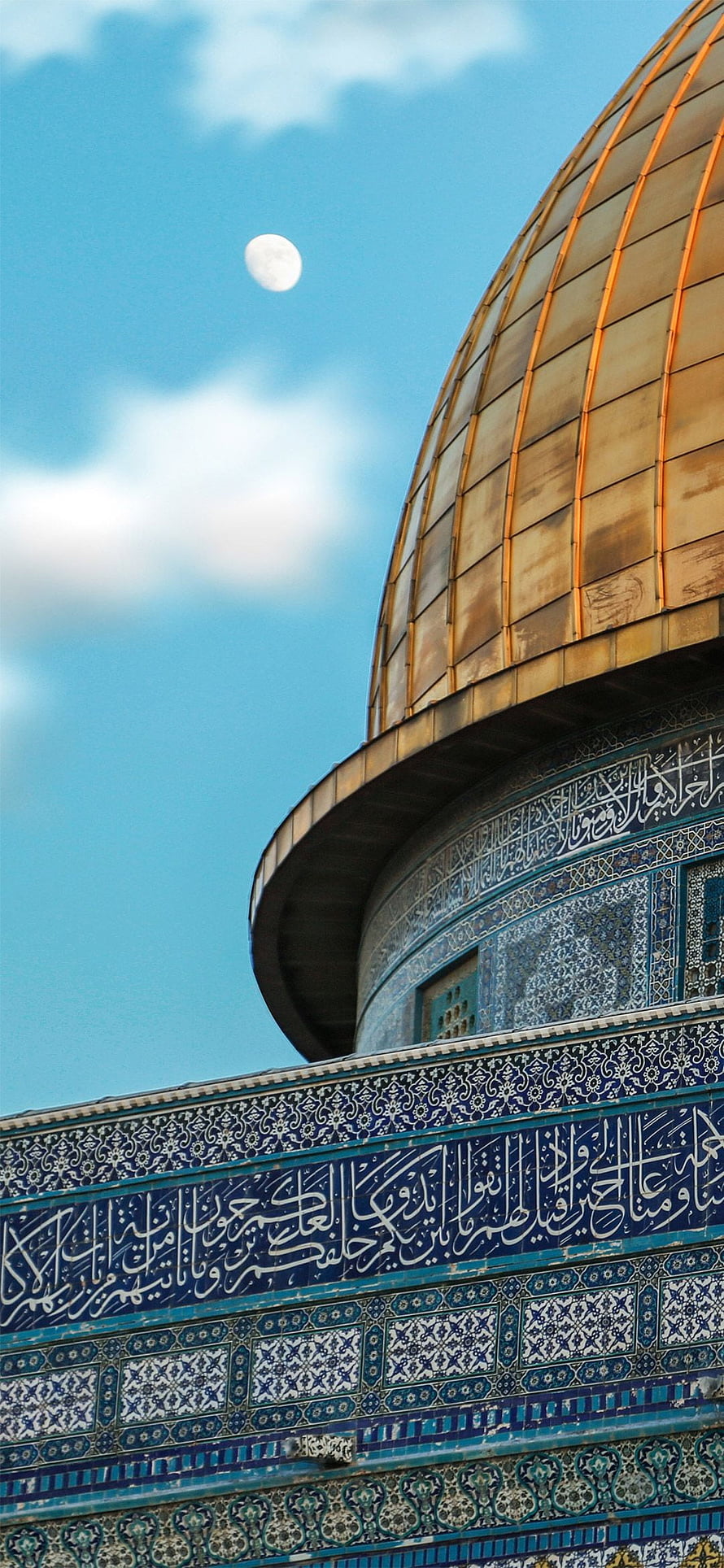 Al-Aqsa Mosque Dome with Intricate Blue Tilework and Full Moon Against a Clear Sky HD phone wallpaper