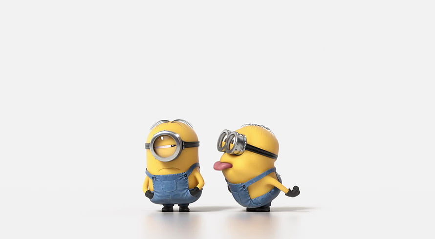 Two Minions from Despicable Me in a playful pose on a white background HD wallpaper
