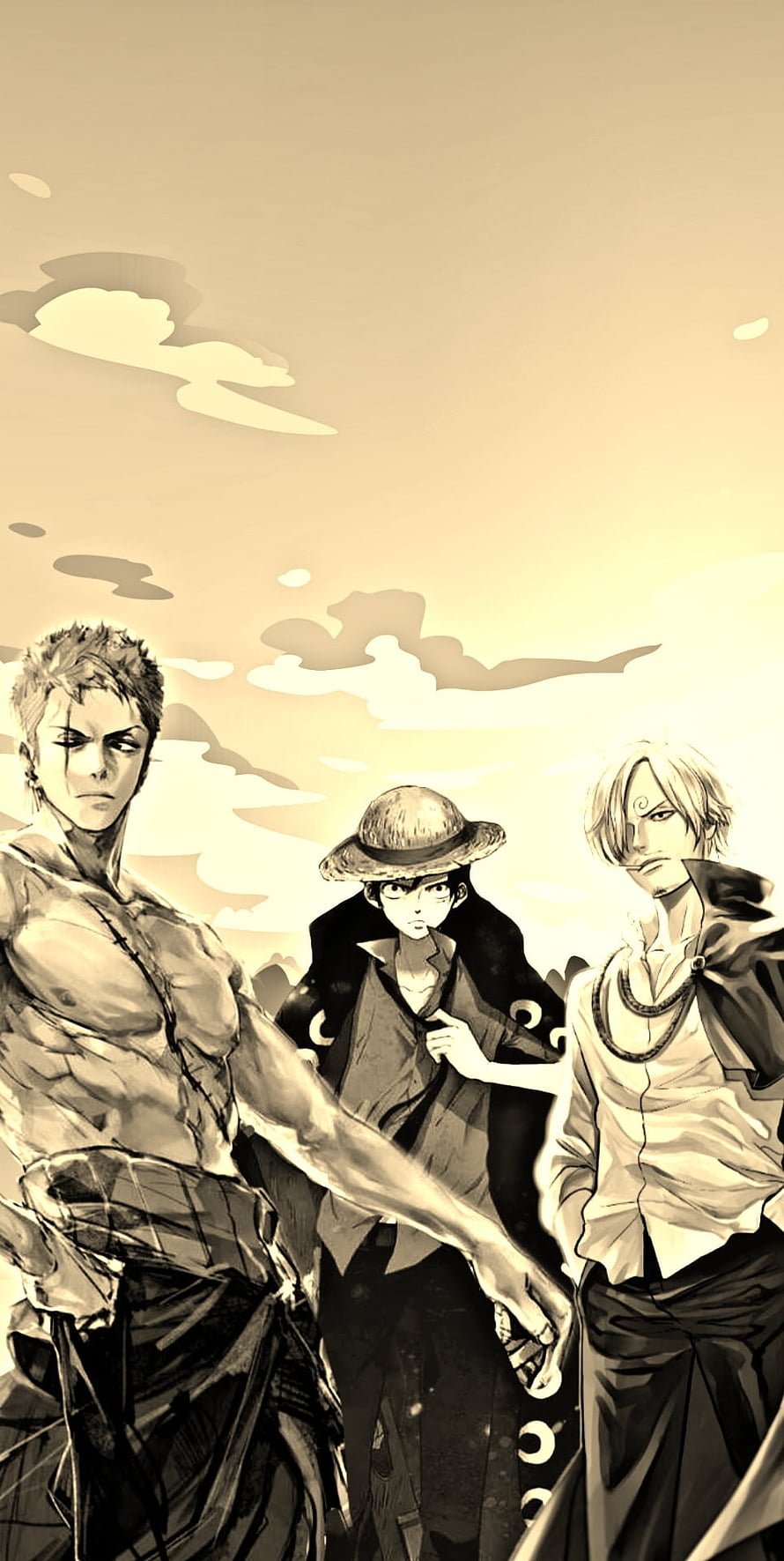 One Piece Straw Hat Pirates Luffy Zoro and Sanji Standing Together in Sepia Tone HD phone wallpaper