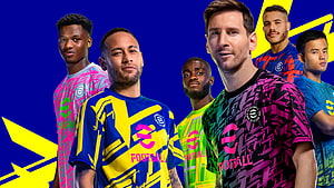 eFootball 2022 promotional artwork featuring football players in vibrant team jerseys HD wallpaper