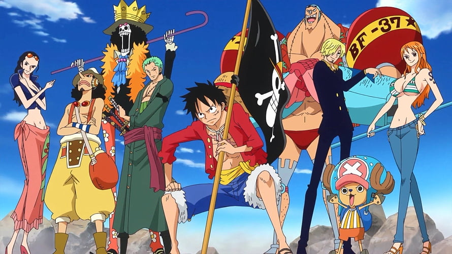 One Piece Straw Hat Pirates Full Crew Standing on Rocky Cliff Under Blue Sky HD wallpaper