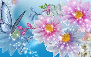 Dreamy Pink and Blue Daisies with a Glowing Butterfly on a Soft Background HD wallpaper